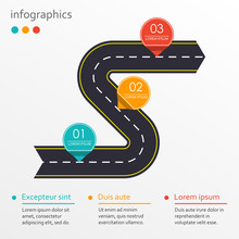 Winding Road With 3 Steps, Options Or Levels. Step By Step Infographics Template With Asphalt Road In Shape Of Arrow. Vector Illustration.