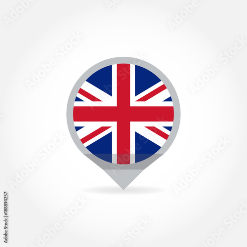 Flag of UK in shape of map pointer or marker. United Kingdom and Great