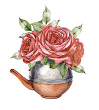 Hand Drawn Watercolor Copper Kettle With A Bouquet Of Purple Flowers Roses On White Background