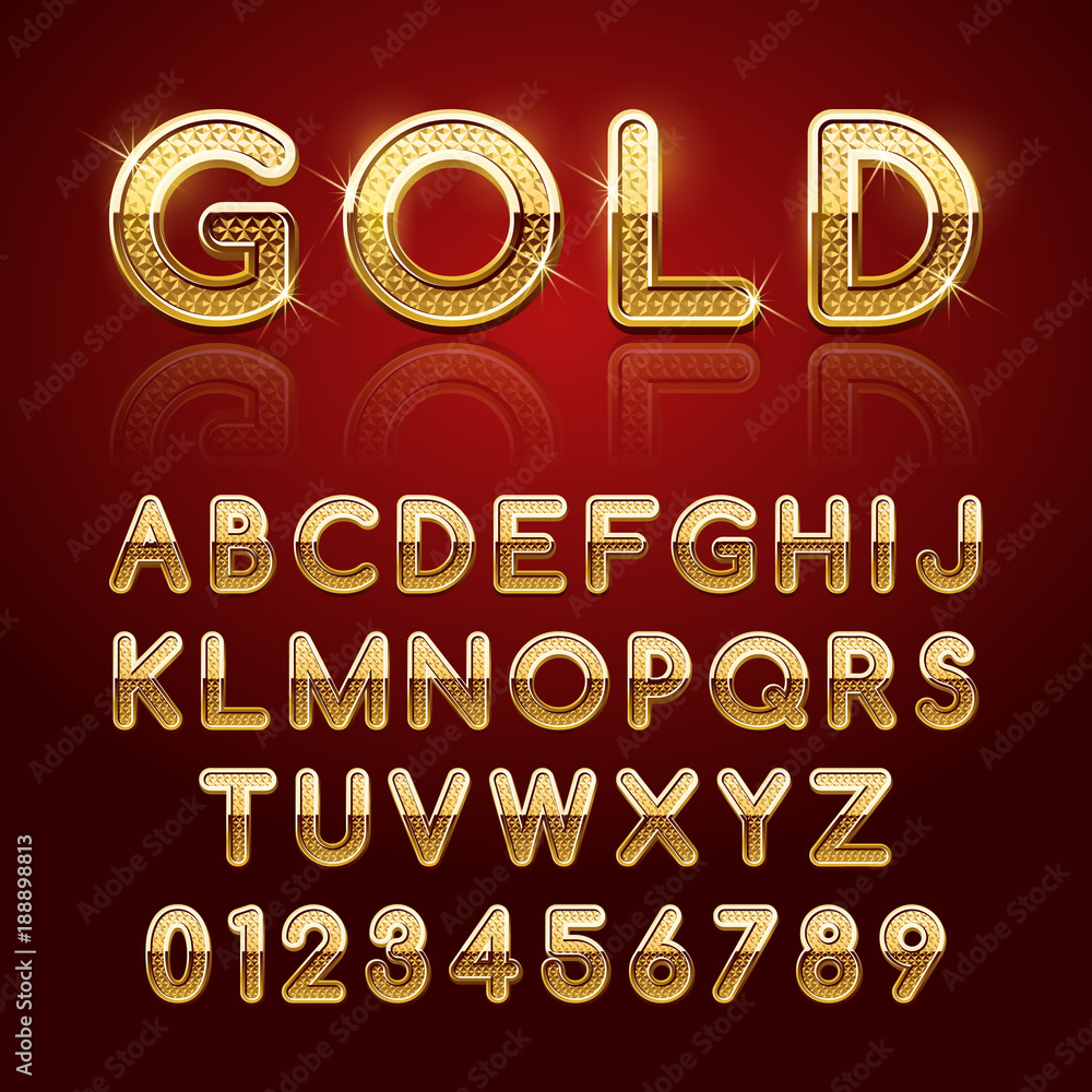 Golden glossy alphabet letters and numbers. Vector illustration Stock ...