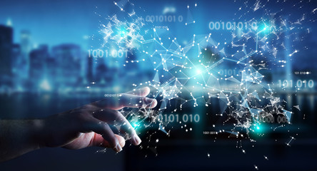 Businesswoman using digital binary code connection network 3D rendering