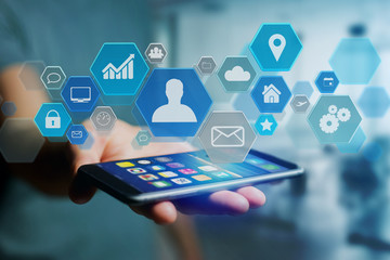 Wall Mural - business network application displayed on a futuristic interface