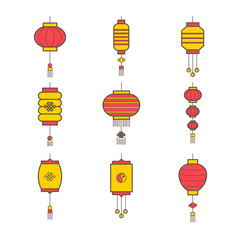 Set of vector line chinese lamps for web, print design and decoration