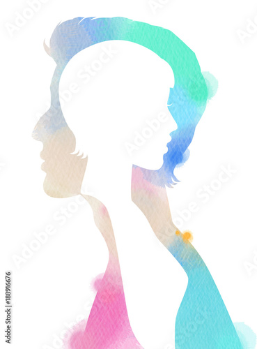 Double Exposure Of Couple Silhouette On Watercolor Background