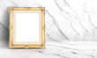 © weedezign - Empty golden vintage frame at white clean marble wall and floor background,Minimal simple style interior backdrop.mock up space for adding your text or design in banner.