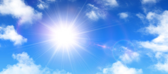 Wall Mural - sunny background, blue sky with white clouds and sun