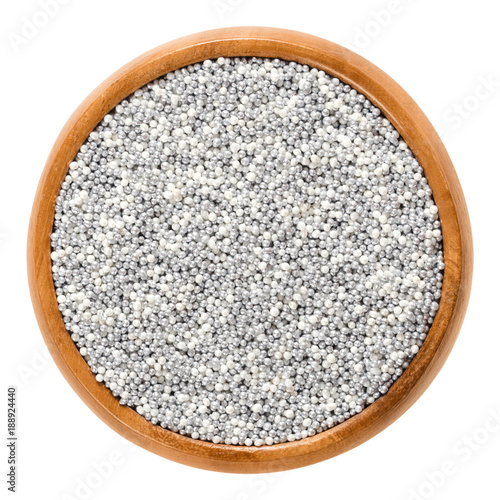 White And Silver Nonpareils In Wooden Bowl Hundreds And Thousands