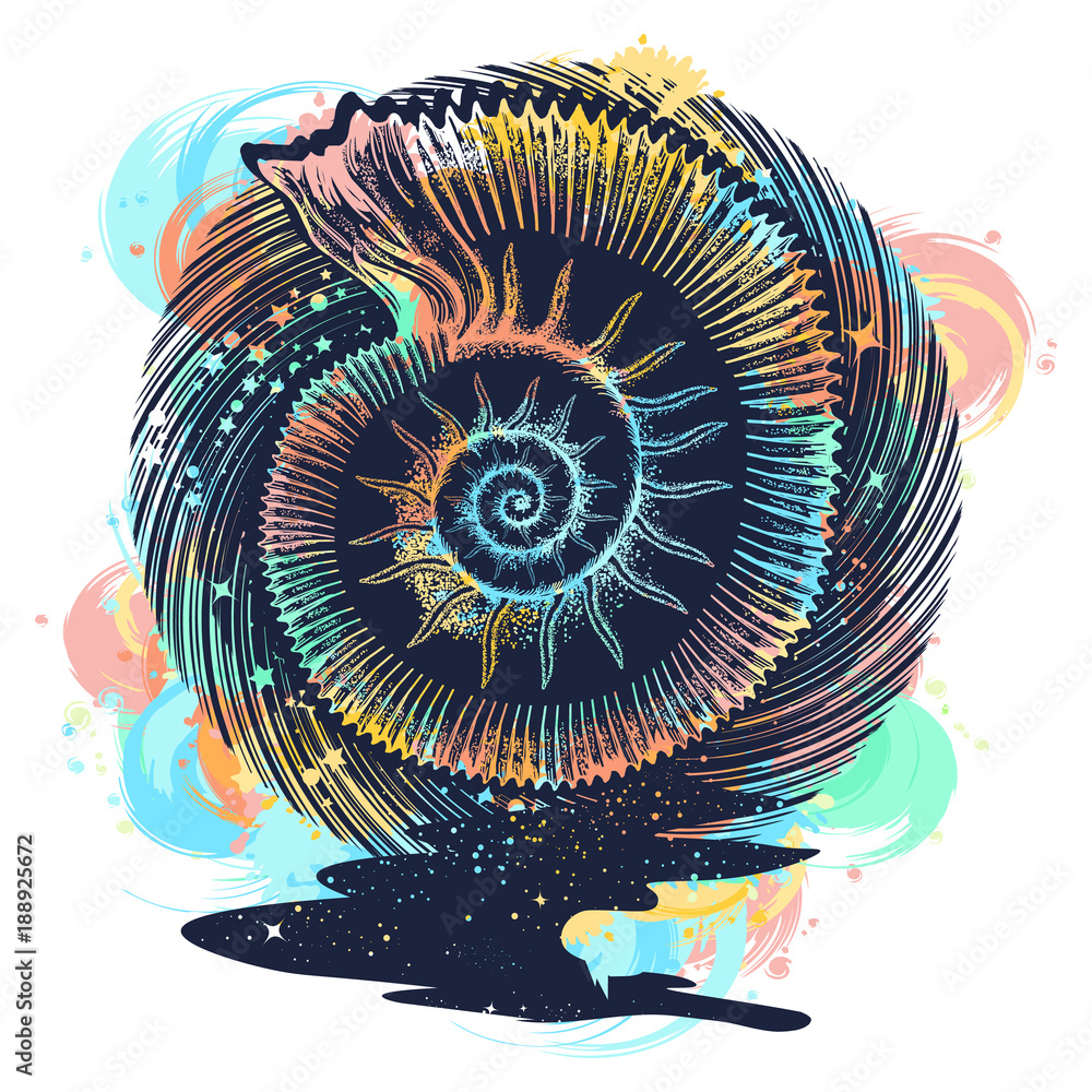 Ammonite tattoo. Symbol of science, paleontology, history, biology, golden  ratio. Ancient mollusk t-shirt design. Infinite space, meditation symbols,  travel, tourism Stock Vector | Adobe Stock, image size:1000x1000