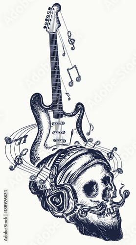 Guitar And Human Skull Tattoo And T Shirt Design Electro Guitar