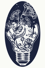 Wall Mural - symbol of the idea, creativity, creative, imagination, freedom. light bulb tattoo and art nouveau fl