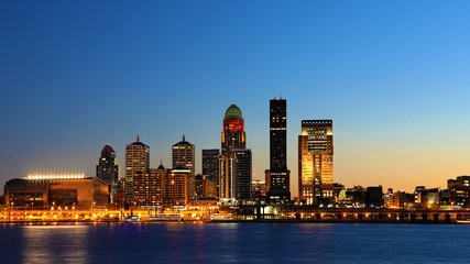 Wide view of Louisville, Kentucky skyline at night