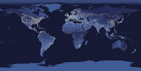 Wall Mural - world city lights map. night earth view from space. vector illustration