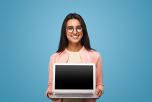 Happy Business Woman Holding Laptop