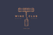 Logo template of wine club with image corkscrew and wine cork on dark blue background. Vector design element for wine store, menu, brand and identity.