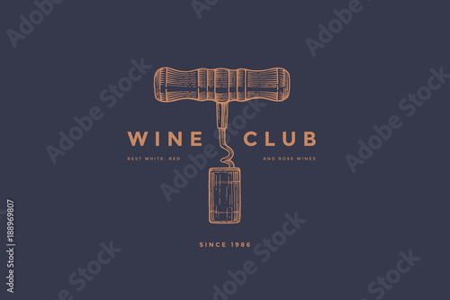 Fotografie, Obraz Logo template of wine club with image corkscrew and wine cork on dark blue background