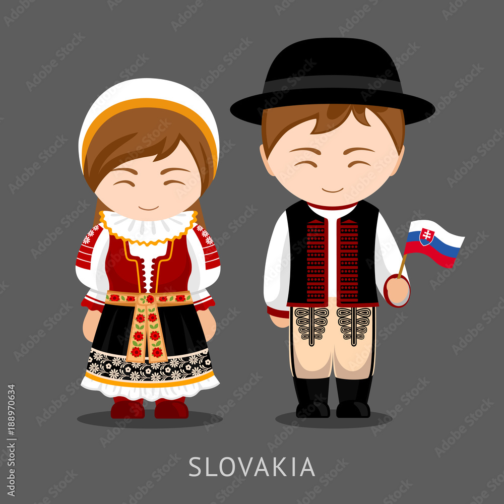 アート・デザイン・音楽 The Slovak national dress through the . Vetor Slovaks in national dress with a flag. Man and woman in