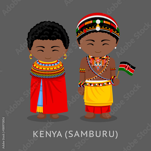 Kenyans in national clothes with a flag. Samburu tribe. Man and woman