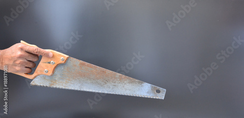 Fotografie, Obraz The rough hand of the old man holding the saw on a gray backgrou