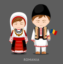 Romanians In National Dress With A Flag. Man And Woman In Traditional Costume. Travel To Romania. People. Vector Flat Illustration.