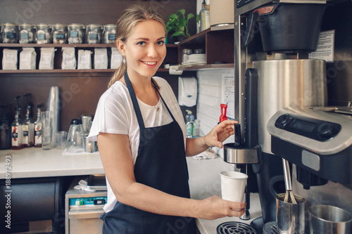 Young Caucasian Barista Hands Holding Paper Cup Making Coffee Using Machine Woman Pouring Young Caucasian Barista Hands Holding Paper Cup Making Coffee Using Machine Woman Pouring