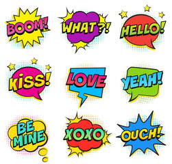 Wall Mural - retro colorful comic speech bubbles set with halftone shadows on white background. expression text w