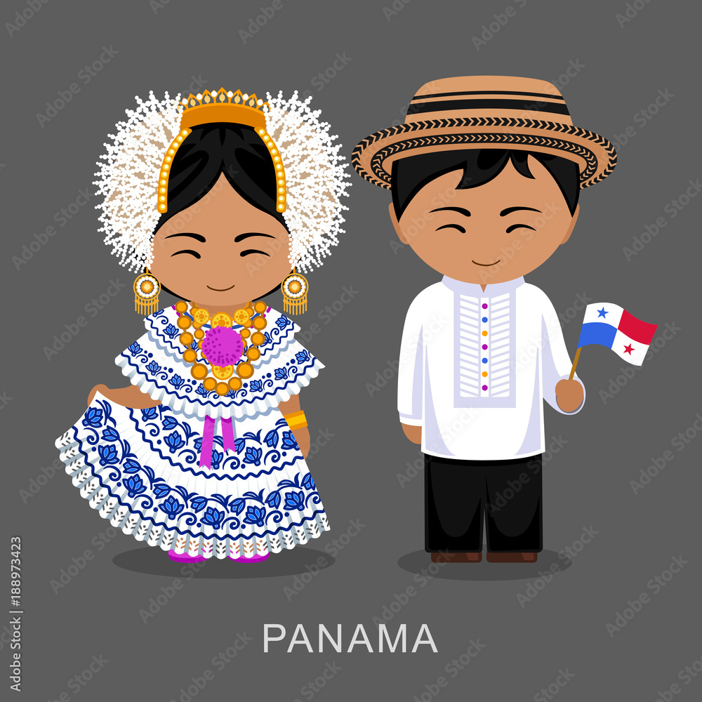 Panamanians in national dress with a flag. Man and woman in traditional costume. Travel to Panama. People. Vector flat illustration. Stock Vector | Adobe Stock Panamanians in national dress with a flag. Man and woman in traditional costume. Travel to Panama. People. Vector flat illustration. Stock Vector | Adobe Stock