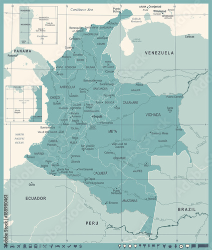 Cuadros en Lienzo Colombia Map - Vintage Detailed Vector Illustration