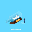 © dimon_ua - man in a business suit looks at a paper boat in a bottle, isometric image