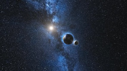 sunrise view on planet earth and moon satellite rotating and spinning in open space, blue milky way 