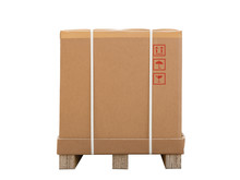 Cardboard Boxes On A Pallet. Isolated On White Background. Large Box For Export Goods. Cargo Delivery And Transportation Logistics