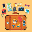set of vector travel icons with retro travel suitcase