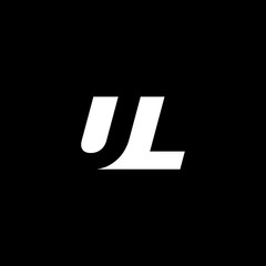 Initial letter UL, negative space logo, white on black background