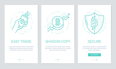 Cryptocurrency and Blockchain concept onboarding app screens. Modern and simplified vector illustration walkthrough screens template for mobile apps.