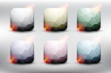 Wall Mural - Abstract vector web buttons set of 6. Low poly squares in 6 different pastel colors. Isolated with realistic, transparent glass shine and shadow on the light background. Vector illustration. Eps10.