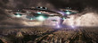 UFO invasionover planet earth city 3D rendering