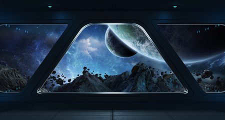 Wall Mural - Spaceship futuristic interior with view on exoplanet