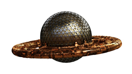 Wall Mural - ufo, alien spaceship isolated on white background, flying saucer with steampunk look (3d rendering)