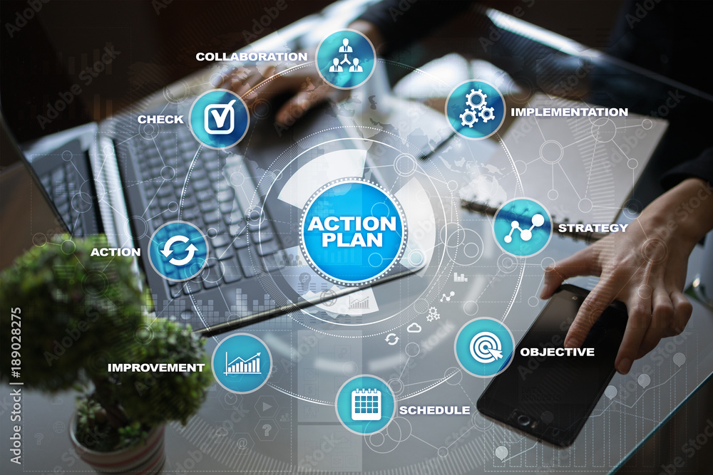Action plan on the virtual screen. Planning concept. Business strategy ...