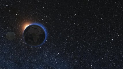 Wall Mural - sunrise view from space on realistic earth with moon, rotating in space against the background of th