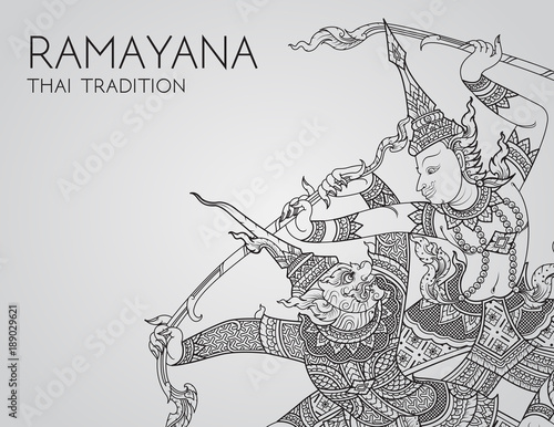 Fotografía Rama battle a giant of thai tradition style for greeting card design