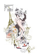 Border from Paris illustrations with fashion girls, cafes and flowers. Vector illustration.