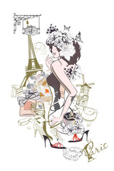 Sticker - Border from Paris illustrations with fashion girls, cafes and flowers. Vector illustration.