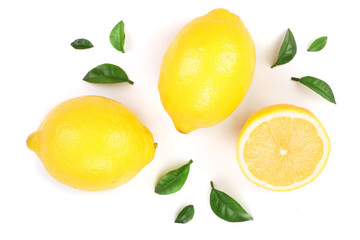 lemon and slices with leaf isolated on white background. Flat lay, top view