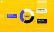 Horizontal pie infographics template with three segments in colorful hi-tech style on bright yellow background