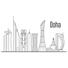 Doha city skyline - downtown cityscape, Qatar landmarks in liner style