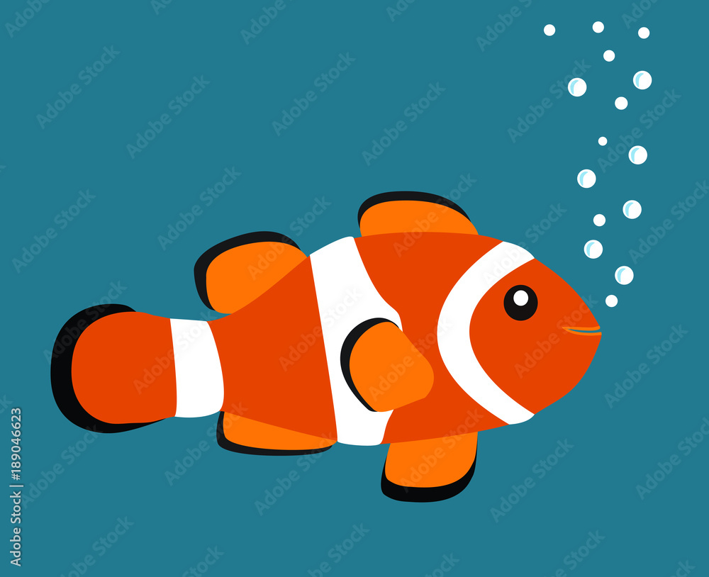 cute orange clown fish vector illustration on blue background with white bubbles - obrazy, fototapety, plakaty 