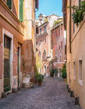 A Colorful Street In Trastevere In Rome, Italy.