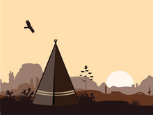 Indian Wigwam Silhouette With Cacti, Mountains, And Eagle In The Sky. American Landscape With Tribal Tents