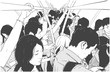 Black and white illustration of packed subway, metro, bus in rush hour