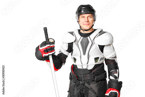 Smiling hockey player in safety gear isolated on white background Wallpaper Mural